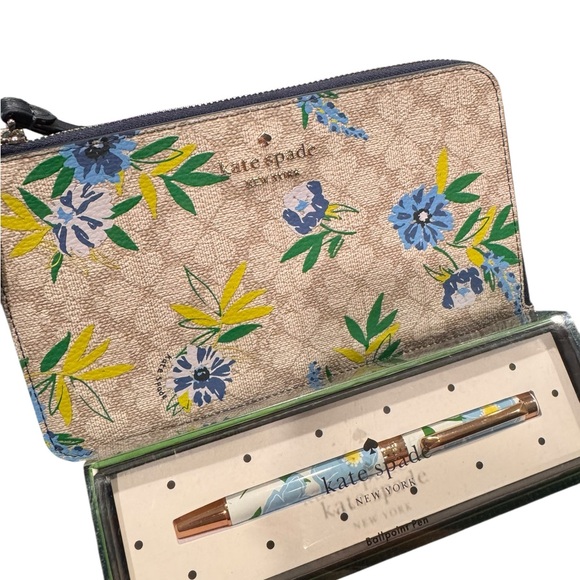 kate spade Beige Floral Zip Pouch with Blue Pen NWT - Picture 2 of 5